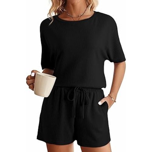 SHEWIN Womens Pajama Sets Waffle Knit Lounge Set 2 Piece Outfits Loungewear Sweatsuit with Pockets