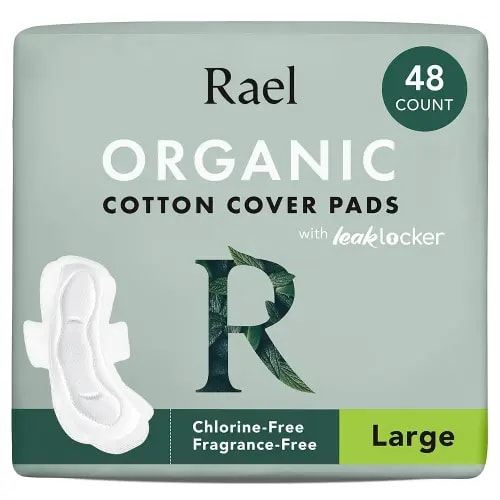 Rael Pads for Women, Organic Cotton Cover - Period Pads with Wings, Feminine Care, Sanitary Napkins, Heavy Absorbency, Unscented (Large, 48 Count)