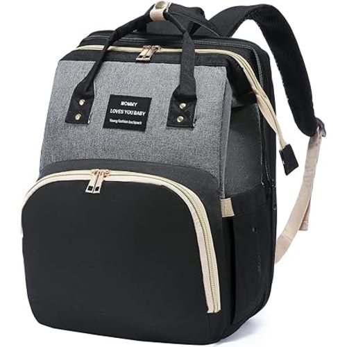 Diaper Bag Backpack with Changing Station, Large Baby Diaper Bag, Multifunctional Travel Diaper Waterproof Backpack for Baby Boy & Girls, with Portable Diaper Pad, Black Grey
