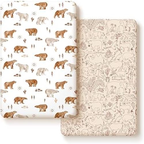 Stretchy Ultra Soft Jersey Knit Pack n Play Sheets Set 2 Pack, Portable/Mini Crib Sheets for Boys and Girls, Universal Fit for Pack N Plays Safe and Snug, Stylish Playard Sheets of Cute Animals Print