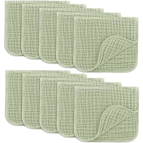 Comfy Cubs Muslin Burp Cloths 20" x 10", Pack of 10 - Large, 6-Layer, Ultra Absorbent 100% Cotton for Baby Drool and Messes - Soft, Safe & Gentle Baby Burp Cloths for Boys & Girls - Sage