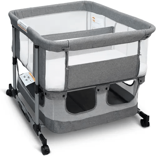 Twin Bassinet for 2 Babies, Double Bassinet for Twins, Rocking Bassinet with Wheels and Storage Basket, Full-Mesh Sides, 5-Height Adjustable, Portable and Stable Baby Crib (Standard Grey)