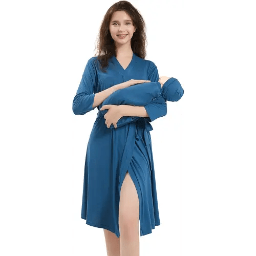 Galabloomer Maternity Robe and Baby Receiving Blanket, Matching Mommy Labor Delivery Robe and Swaddle Set Peacock（xl, ocean