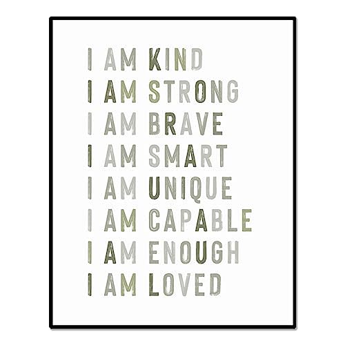 Positive Affirmations, Classroom Wall Art, Green Nursery Wall Decor Neutral, Educational Posters, Kids Room Decor, Inspirational Quotes, Playroom Decor, Boys Room Decor (11X14 INCH + Framed)