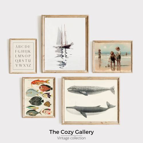 Nautical vintage kids room gallery wall art Set of 5, Costal printable art Set nursery boy, Beach house decor