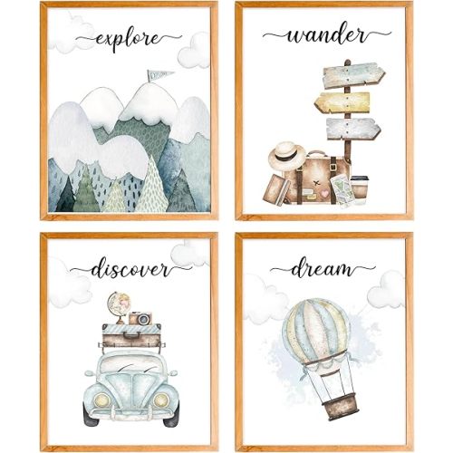 BearCake Nursery Travel Wall Art Set of 4, Watercolor Woodland Mountain Hot Air Balloon Car Wall Decor Poster Prints for Baby Toddler Boy Girl Room Nursery Playroom, 8x10 Inches