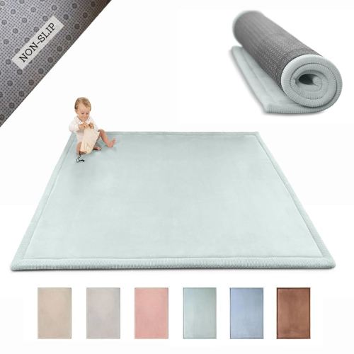 Stylish Coral Velvet Baby Play Mat for Floor 60" x 80" Green – Soft 1" Thick High-Density Memory Foam Nursery Rug,Kids Rug with Non-Slip Backing for Crawling & Playing, Playroom Rug, Kids Carpet