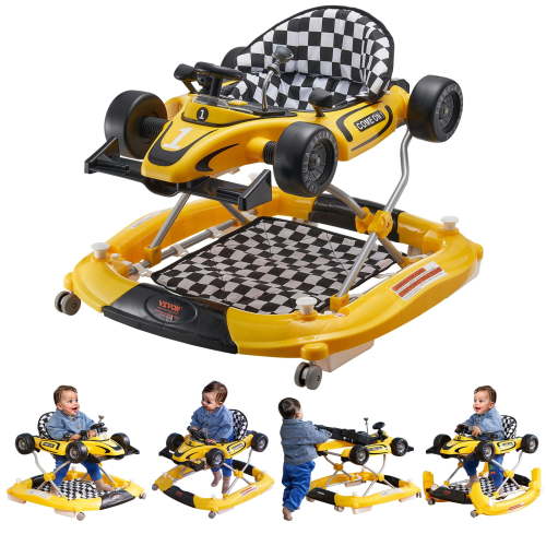 VEVOR 4-in-1 Baby Walker, Foldable Baby Activity Center on Wheels, Adjustable Height, Light, Steering Wheel,Toy Car | Learning-Seated | Walk-Behind | Rocker Toddler Walker for 6-24 Month Boys Girls
