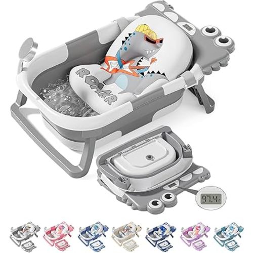 TPN Collapsible Baby Bathtub, Baby Bath Tub with Soft Cushion & Real-Time Thermometer, Baby Bathtub Infant to Toddler Tub (0-36 Months), Portable Newborn Travel Bath tub