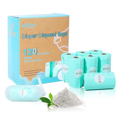 USBOO Diaper Bags Disposable for Baby - Fresh Powder Scent, 8 Refill Rolls (120 Pack) Diaper Trash Bags with Dispenser, Diaper Bag Accessory