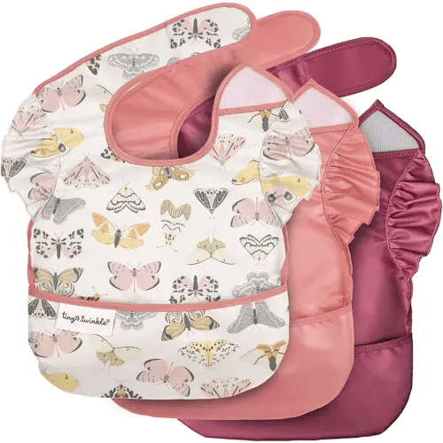 Tiny Twinkle Mess-Proof Baby Bib - Waterproof Bib for Baby Girl - Machine Washable - Adjustable Closure - PVC, BPA, & Phthalate Free - Great for Travel - Baby Food Bibs (3 Pack, Flutter Set)