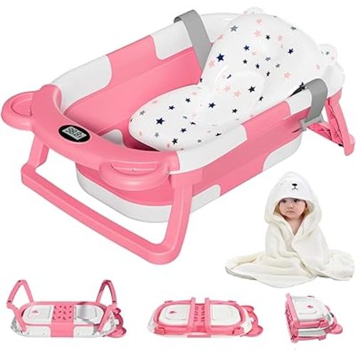 MoreFeel Collapsible Baby Bathtub for Newborn with Thermometer & 1 Hooded Towel & 1 Soft Floating Cushion,Portable Travel Bathtub with Drain Hole, Durable Foldable Baby Tubs for Infants to Toddler