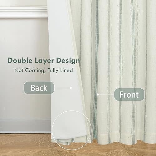 Jade Green - DriftAway Farmhouse Linen Blend Blackout Curtains 96 Inches Long for Bedroom Vertical Striped Printed Linen Curtains Thermal Insulated Lined Treatments for Living Room Pair W52 x L96 Linen Jade Green