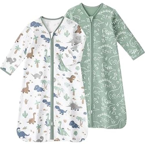 Baby Sleep Sack 0-6 Months, Long Sleeve Baby Wearable Blanket 0.5 Tog with Mittens, 2-Way Zipper Newborn Cotton Sleeping Sack for Boy and Girl Green Dinosaur 2 Pack (Small)