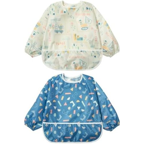Little Dimsum Baby Bib with Pocket Waterproof Toddler Bibs Infant Feeding Bibs for Boys and Girls, Pack of 2 Colors