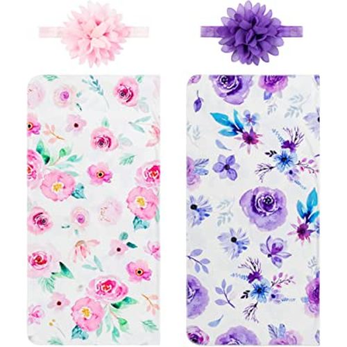 R HORSE Newborn Baby Swaddle Blankets Headband Sets Including 2 Pack of Floral Pattern Receiving Blanket & Headband for Baby Shower Newborn Gift (0-3 Months)