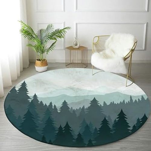 Round Rug 4ft Circle Area Rug Forest Tree Pine Tree Mountain Carpet Washable Small Round Rugs for Bedroom Aesthetic Bathroom Laundry Living Room Kitchen Outdoor
