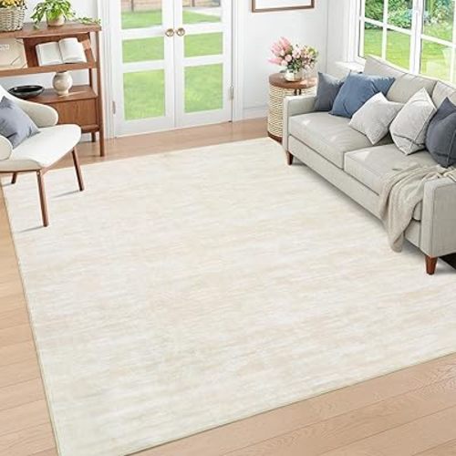 Large Solid Washable Area Rug 8x10 for Living Room Non-Slip Low-Pile Modern Dining Room Throw Carpet Contemporary Indoor Area Rug Home Office Carpet for Bedroom, 8' x 10' Cream-White