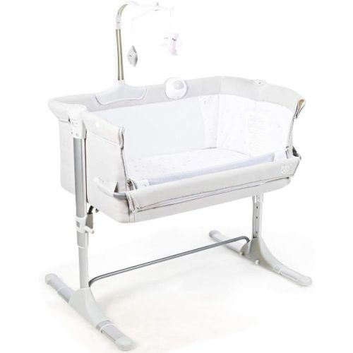 Safstar Baby Bedside Crib, Portable Foldable Bedside Bassinet w/Toy Arch, Music, Thick Mattress, Adjustable Height, Light Gray