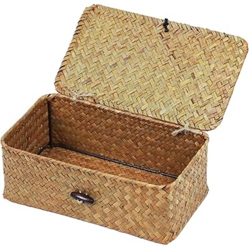 Wicker Storage Basket with Lid, Natural Seagrass Storage Baskets for Organizing, Rectangular Woven Basket for Storage, Decorative Boxes Bins with Lids Home Organizer Decor