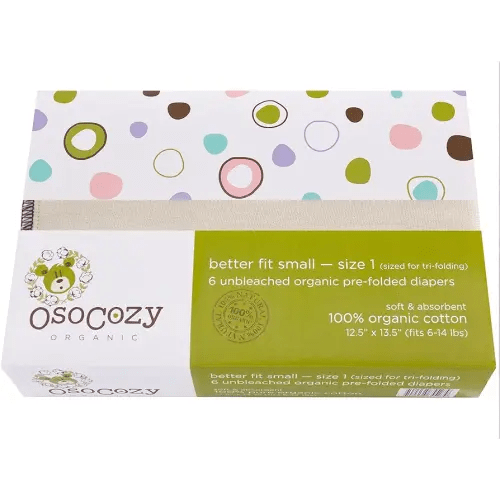 OsoCozy Organic Cotton Prefold Cloth Diapers Better Fit Small 4x8x4 Layering (6pk) - Super-soft, Thick, Absorbent, Durable and Ecologically Friendlier. Unbleached Natural Color, Fits 6-14 lbs