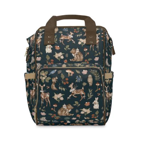 CUTE FOREST ANIMALS Diaper Backpack with Bear Deer Rabbit Owl Squirrel Mushrooms & Berries, Woodland Waterproof Backpack, Nature Lover Gift