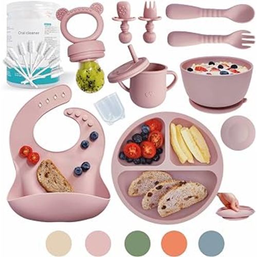 Baby Led Weaning Supplies | Silicone Baby Feeding Set Includes Suction Bowls and Plates, Baby Utensils Spoons and Forks,Cup for Toddler | Babies Eating Dishes Set 6-12 Months（Pink）