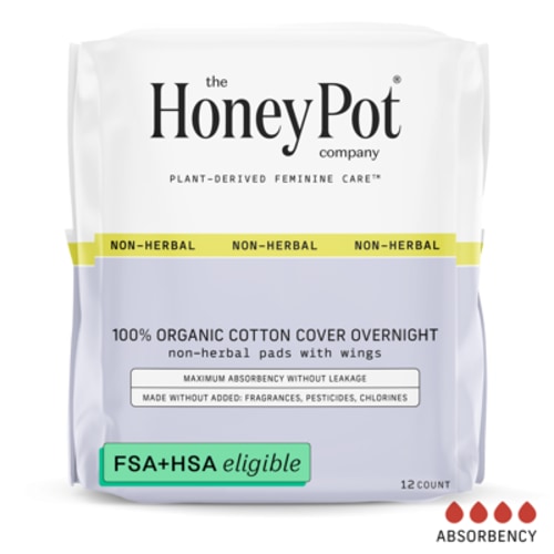 Honey Pot 100% Organic Cotton Cover Non-Herbal Overnight Pads, 12 Count