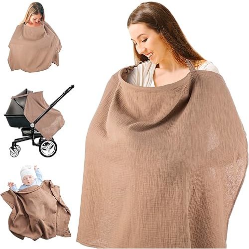 Nursing Cover for Baby Breastfeeding, Muslin Breathable Breast Feeding Cover Essentials with Rigid Hoop for Hands-Free View, Multi-use Adjustable Privacy Nursing Apron Cover for Mom Women