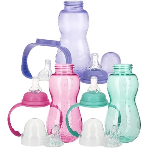 Nuby Non-Drip 3-Stage Bottle 11 Ounce, 3 Count (Pink/Purple/Turquoise)