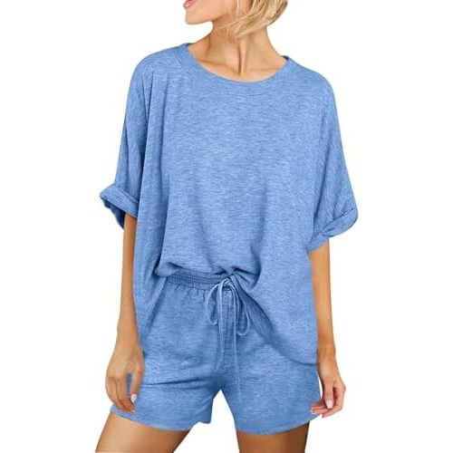 Tankaneo Womens 2 Piece Lounge Sets Oversized Short Sleeve T-shirts Drawstring Shorts Sets Pajamas Summer Outfits