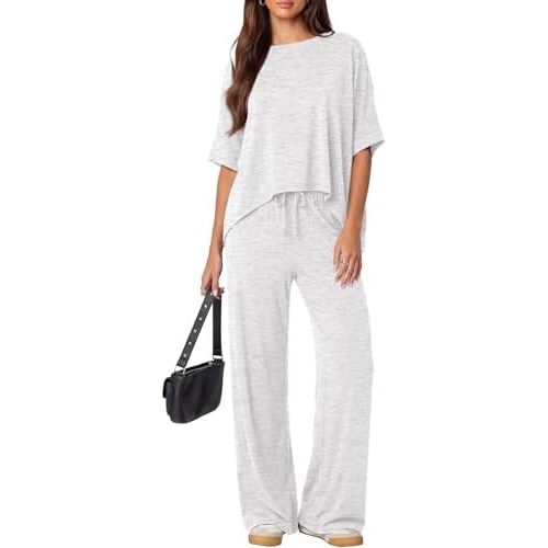 Darong Women's 2 Piece Outfits Matching Lounge Sets Short Sleeve Pullover Tops High Waisted Wide Leg Pants Tracksuit Sets