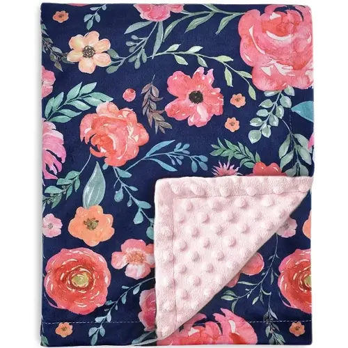 HOMRITAR Baby Blanket for Girls Super Soft Double Layer Minky with Dotted Backing, Elegant Receiving Blanket with Pink Floral Multicolor Printed Blanket 30 x 40 Inch(75x100cm), Navy Blue