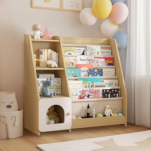 FKWin Kids Bookshelf, Kids Toy Storage Organizer, Baby Storage Book Rack, 4 Tier Kids Wooden Bookshelves, 5 Layer Sling Bookcase for Playroom, Bedroom, Living Room, Kids Room, Nursery, School(Natural)