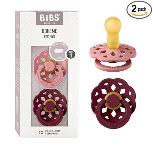 BIBS Pacifiers 0-6 Months | Boheme Collection 2-Pack | BPA-Free Round Nipple | Nautral Rubber Latex | Made in Denmark | Dusty Pink/Elderberry