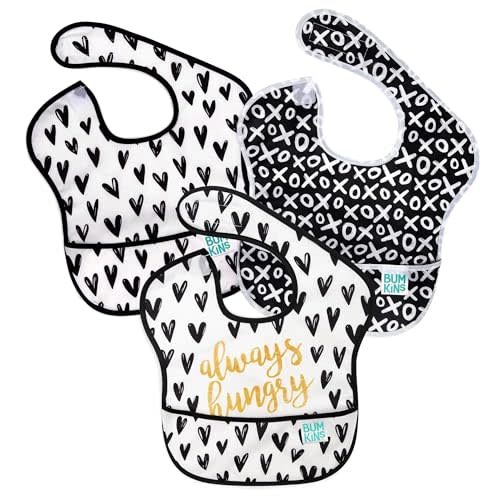 Bumkins Bibs for Girl or Boy, SuperBib Baby and Toddler for 6-24 Months, Essential Must Have for Eating, Feeding, Baby Led Weaning Supplies, Mess Saving Catch Food, Fabric 3-pk Hearts and XOXO