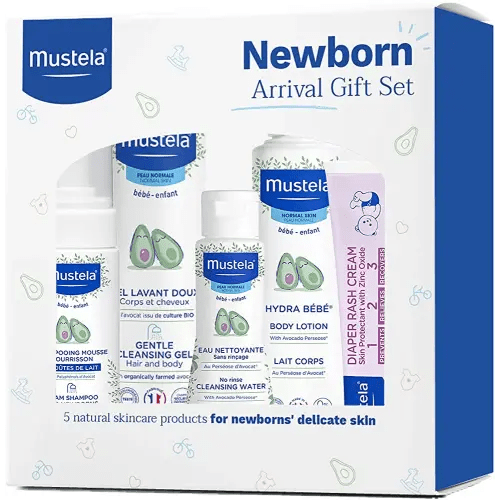 Mustela Newborn Arrival Gift Set - Baby Skincare & Bath Time Essentials - Natural & Plant Based - 5 Items Set