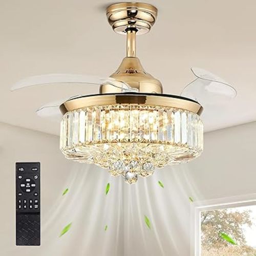 36'' Fandelier Ceiling Fans with Light, Chandelier Gold Ceiling Fan, Retractable Crystal Ceiling Fan for Bedroom, Living Room, 3 Color Change, LED Dimmable, 6 Speeds, Reversible DC Motor