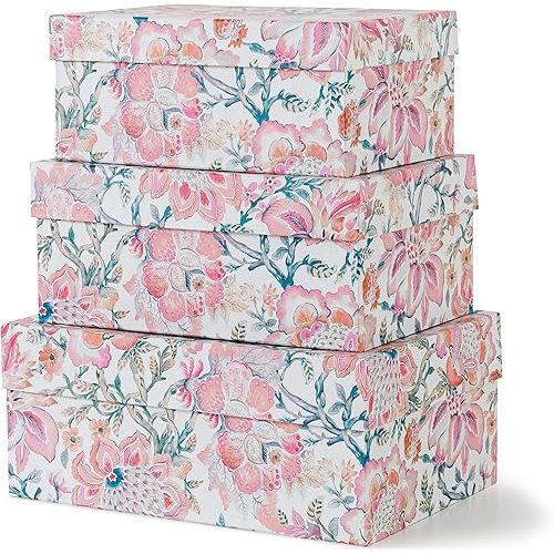 Soul & Lane Decorative Storage Boxes with Hinged Lids, Pink Chinoiserie - Set of 3 Floral Memory Keepsake Boxes with Lids, Pretty Large Cardboard Photo Storage for Organizing, Home Décor, Gifts
