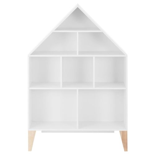 . Steiner White Dollhouse 8-Compartment Kids Book or Toy Figure Display Unit Freestanding Bookshelf with Beech Legs