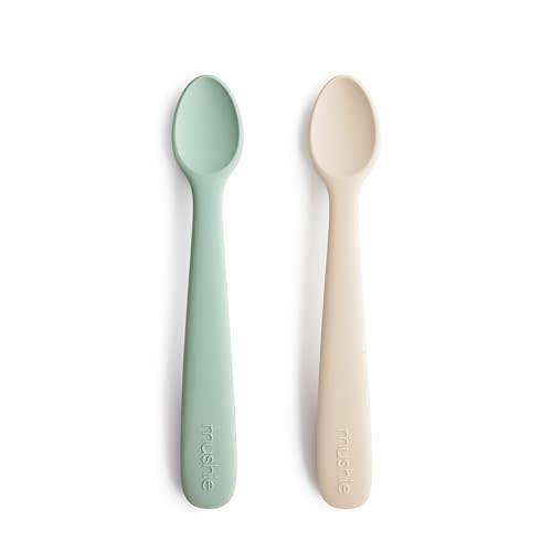 mushie Silicone Baby Feeding Spoons | 2 Pack (Cambridge Blue/Shifting Sand)