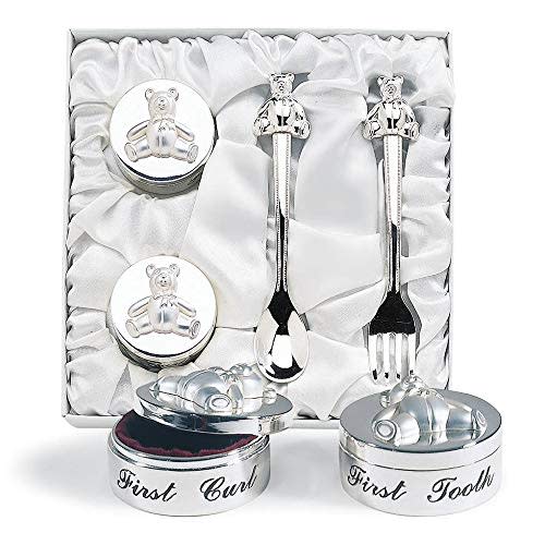 Baby’s First Curl and First Tooth Keepsake Box Collection | Adorable Teddy Bear Designs | Charming Gift | Satin-Lined White Gift Box | 6” Square