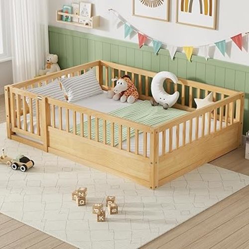 PVWIIK Full Size Floor Bed Frame with Convertible Door & Guardrails for Girls & Boys Bedroom,Montessori Bed/Near Ground Safety Design, No Box Spring Needed,Natural