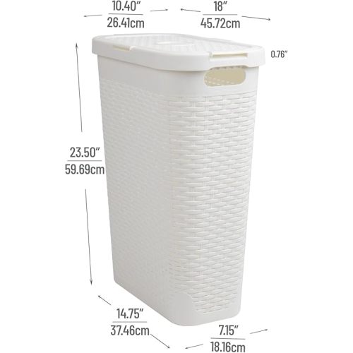 Mind Reader Slim Laundry Hamper with Lid, 40L Clothes Basket, Premium Wicker Design, Plastic, White