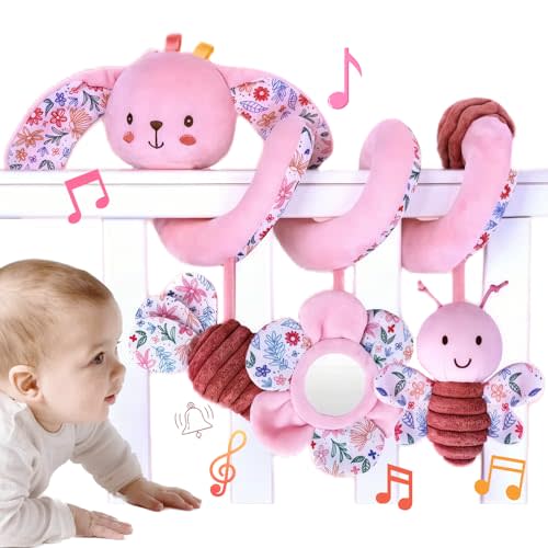 chochumy Spiral Car Seat Toy for Babies 0-6-12 Months Girl, Stroller Hanging Baby Toys 0-3-4-5-7 Month Old Newborn Infant Gifts Travel Christmas Carseat Sensory Mirror Crinkle Bunny Stocking Stuffers