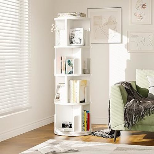 360° Rotating Bookcase, 4 Tier Small Corner Bookcase with a Footprint, Free Standing Bookshelf for Kids & Adults, Open Bookshelves Storage Organizer for Living Room, Bedroom (White)