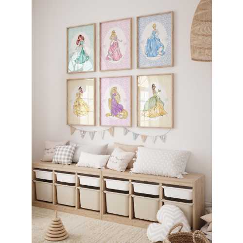 Set of 6 Princess Digital Wall Prints | Princess Cinderella, Tiana, Belle, Aurora, Rapunzel, and Ariel Art Prints| Nursery Decor| L616