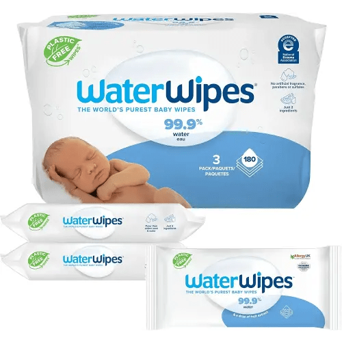 WaterWipes Plastic-Free Original Baby Wipes, 99.9% Water Based Wipes, Unscented & Hypoallergenic for Sensitive Skin, 180 Count (3 packs), Packaging May Vary