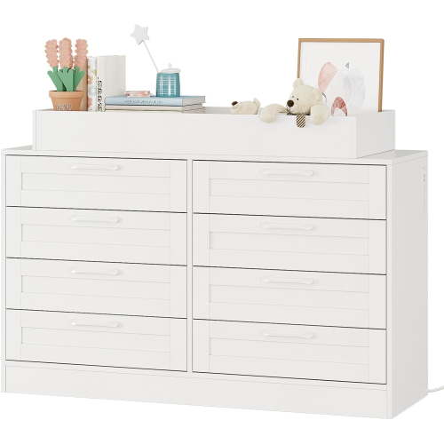 Baby Changing Dresser with 8 Drawers – Wooden Nursery Dresser with Safety Rail & Open Shelf, Changing Table Station Space-Saving Organizer