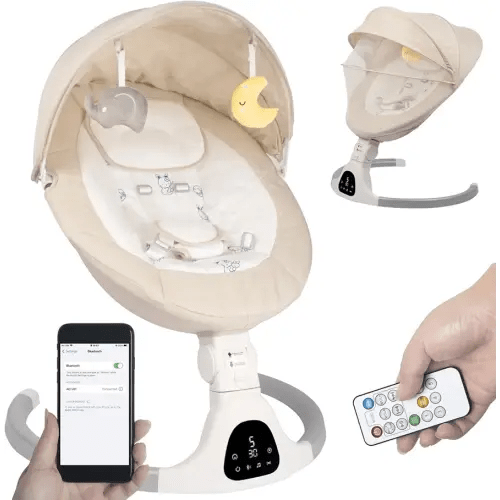 Baby Swing for Infants to Toddler Portable Babies Swing Timing Function 5 Swing Speeds Bluetooth Touch Screen Music Speaker with 10 Preset Lullabies 5-Point Carabiner (Ivory White)